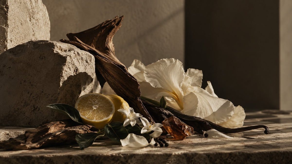 Stillleben der Duftnoten: Zitrone, Oud-Holz, Iris, Vanille, Amber und Jasmin
