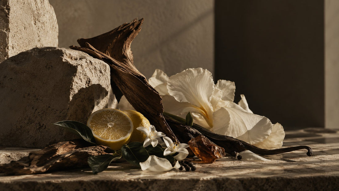 Stillleben der Duftnoten: Zitrone, Oud-Holz, Iris, Vanille, Amber und Jasmin
